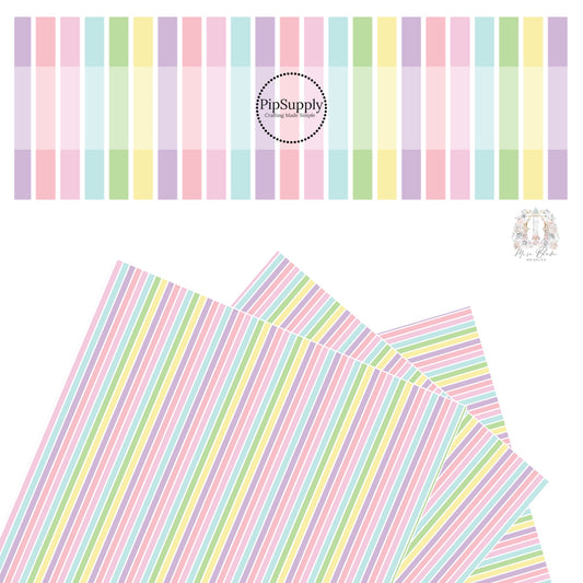 Yellow, pink, lilac, purple, blue, and green vertical stripe faux leather sheet