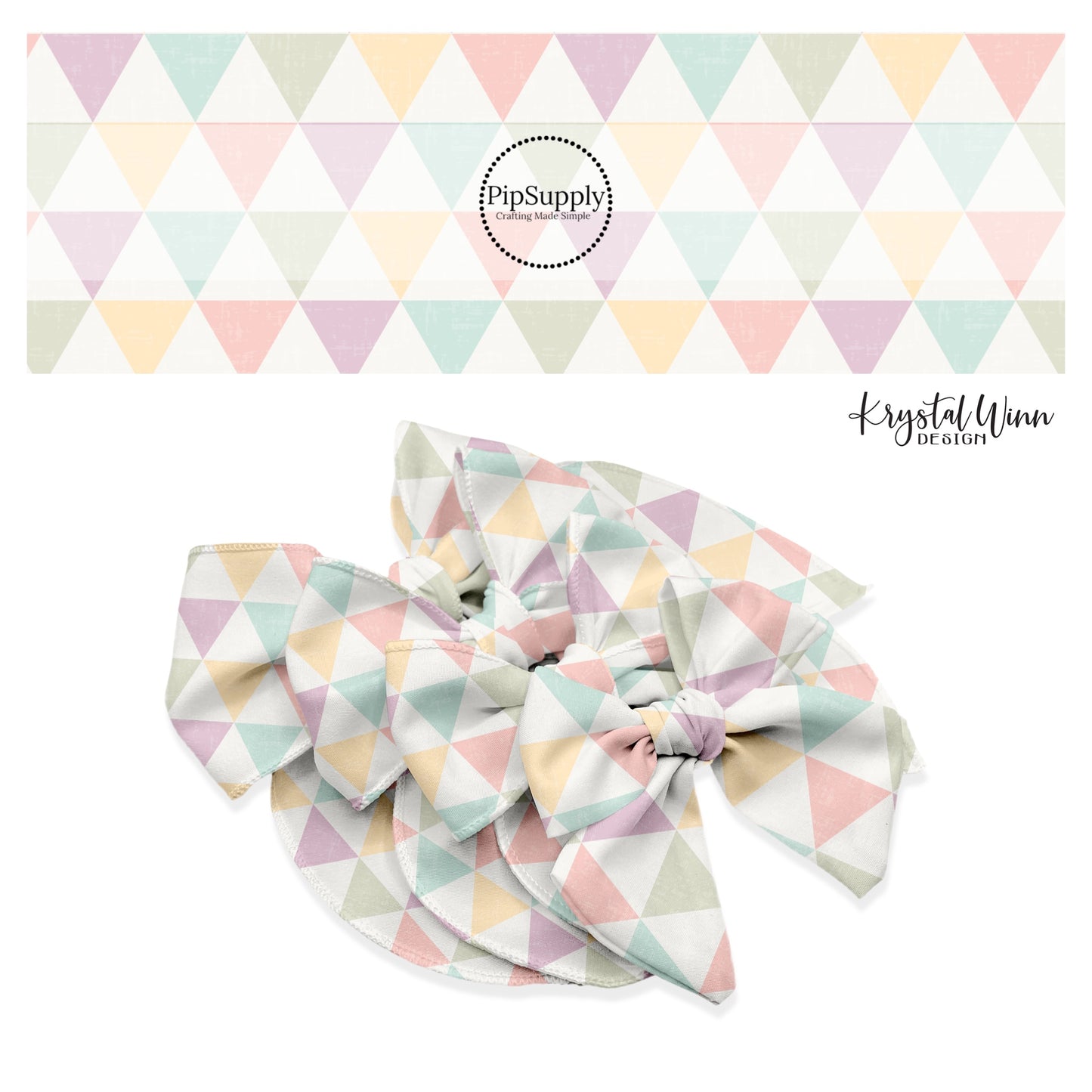 Pink coral, light blue, sage, lavender, butter yellow triangles on a distressed bow strip