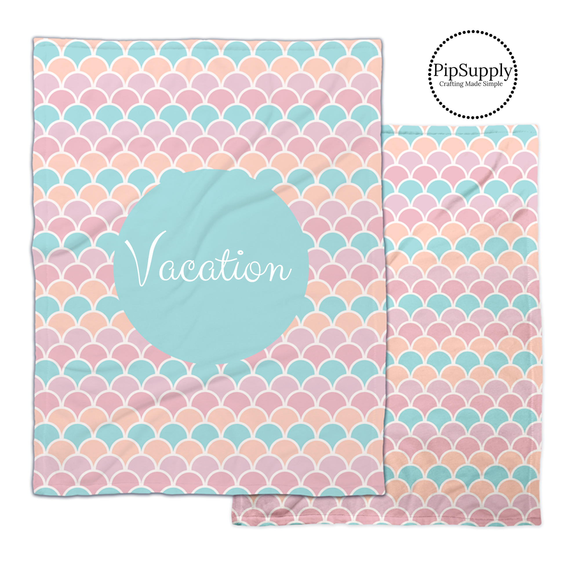 Pastel summer mermaid scales print blanket with customizable text.