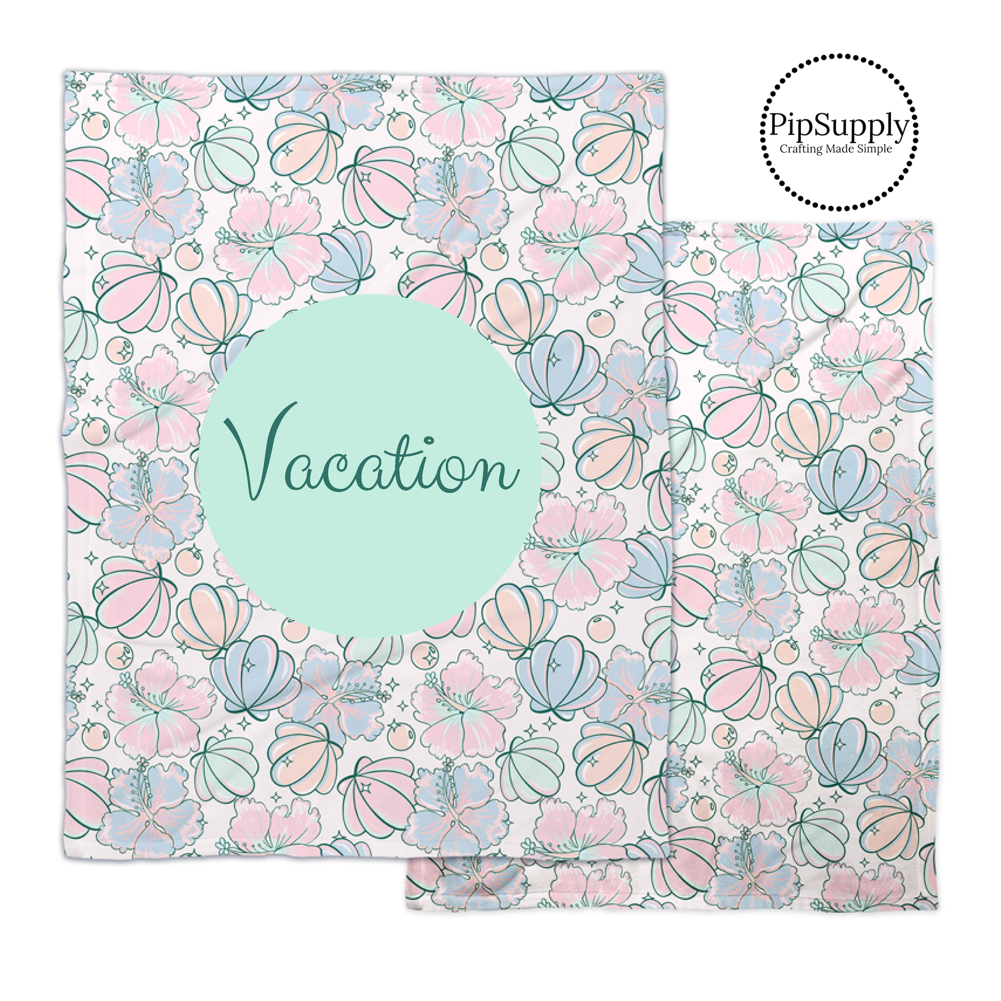 Summer pastel tropical floral patterned blanket with emerald text on green center.