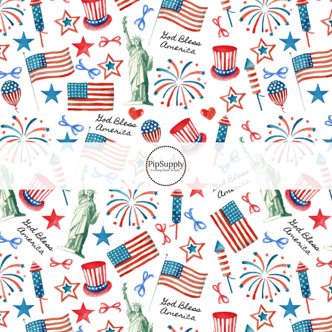 white fabric by the yard with the statue of Liberty, firecrackers, stars, and fireworks.