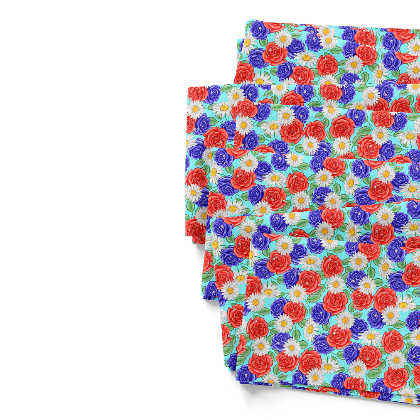 Patriotic Floral Fabric by the yard- Yellow and White Daisies with Red and Blue Roses on an Aqua Background.