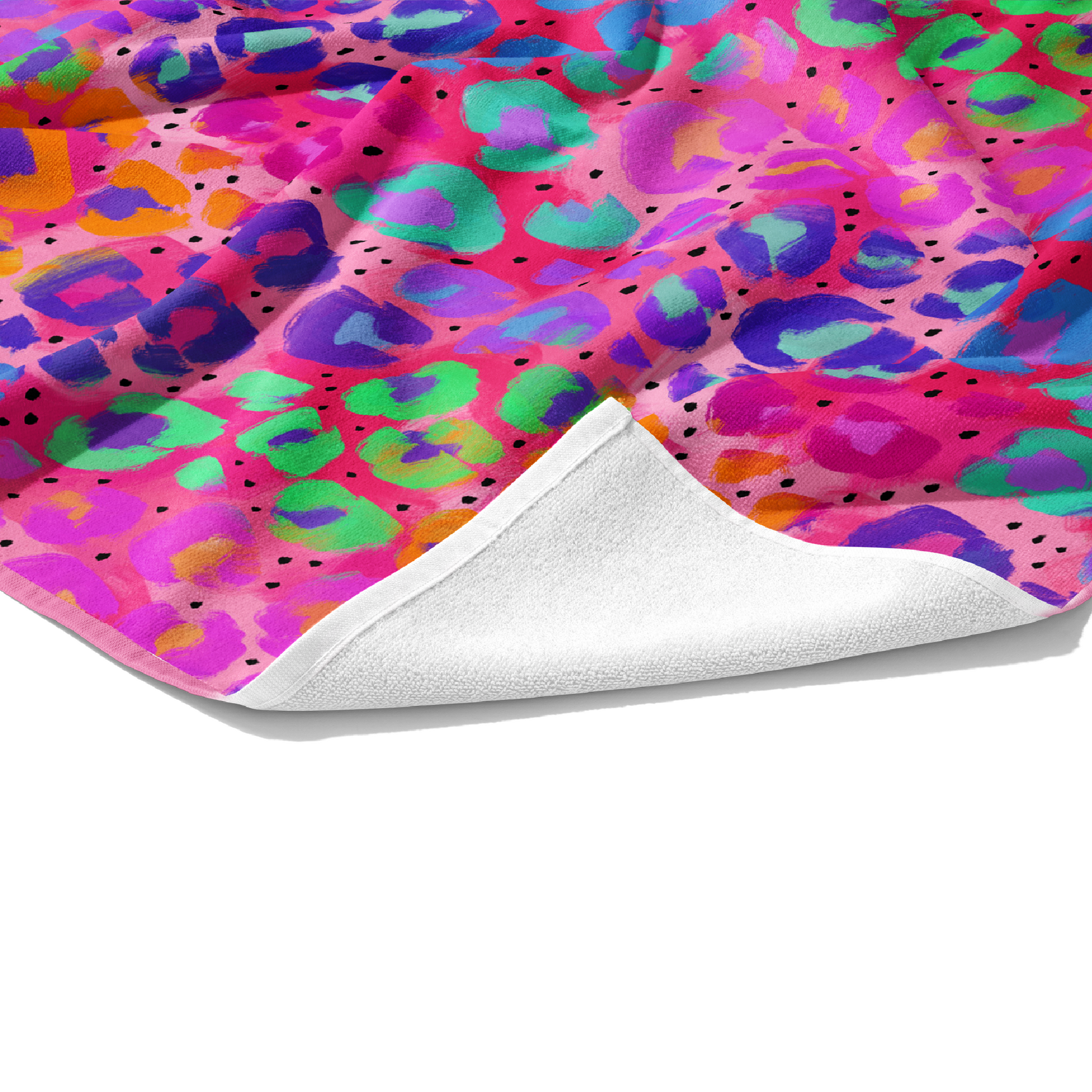 Plush white cotton customizable towel with bright pink, purple, green, yellow, and orange print on the front.
