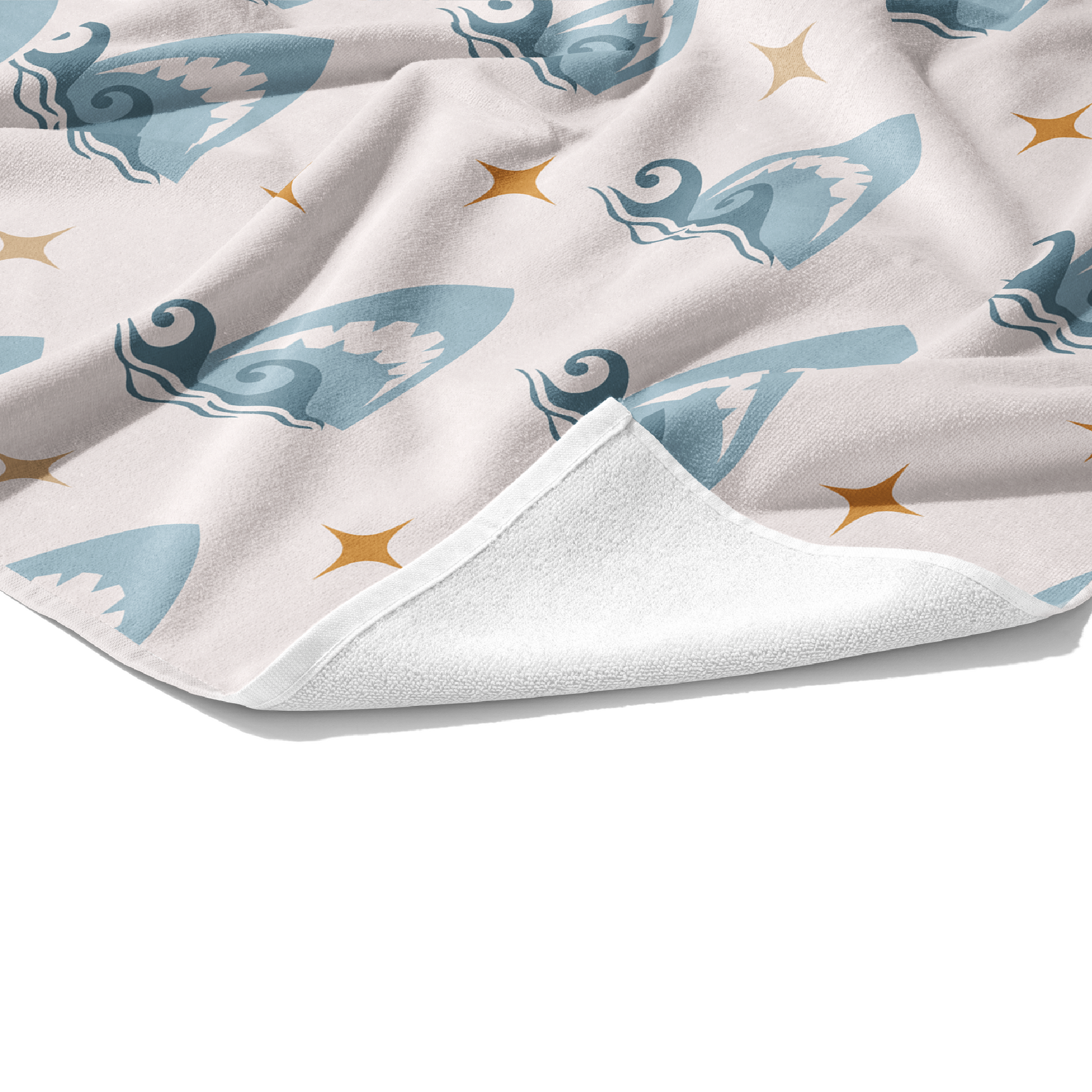Plush white customizable towel with light blue sharks and blue waves on cream and customizable text.