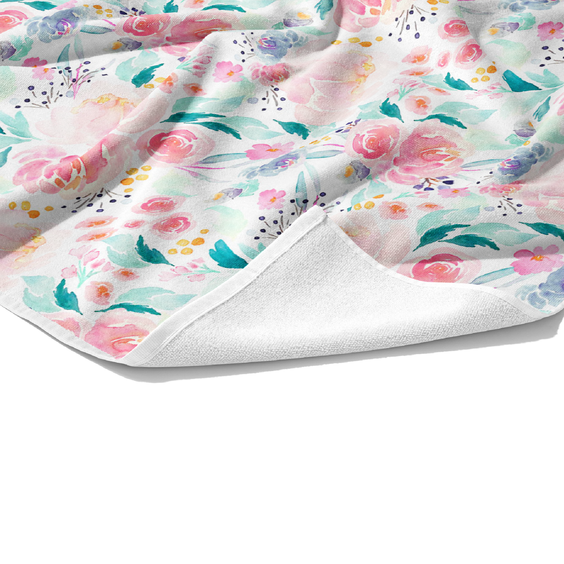 Plush white cotton customizable towel with aqua and pink watercolor floral patterned towel.