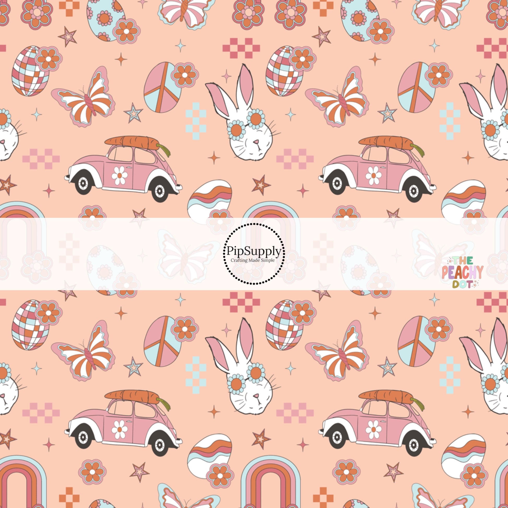 Easter bunnies, cars, Easter eggs, and butterflies on peach fabric by the yard