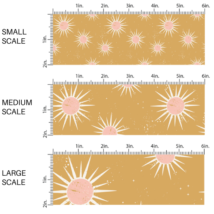 Yellow fabric by the yard scaled image guide with pink suns and rays.