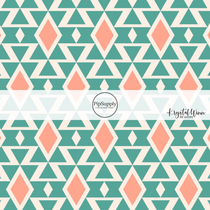 Teal, Cream, and peach Aztec print fabric by the yard