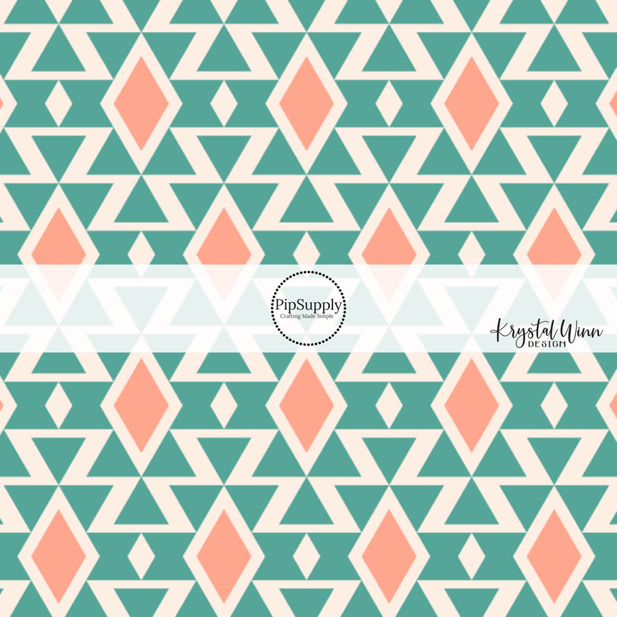 Teal, Cream, and peach Aztec print fabric by the yard