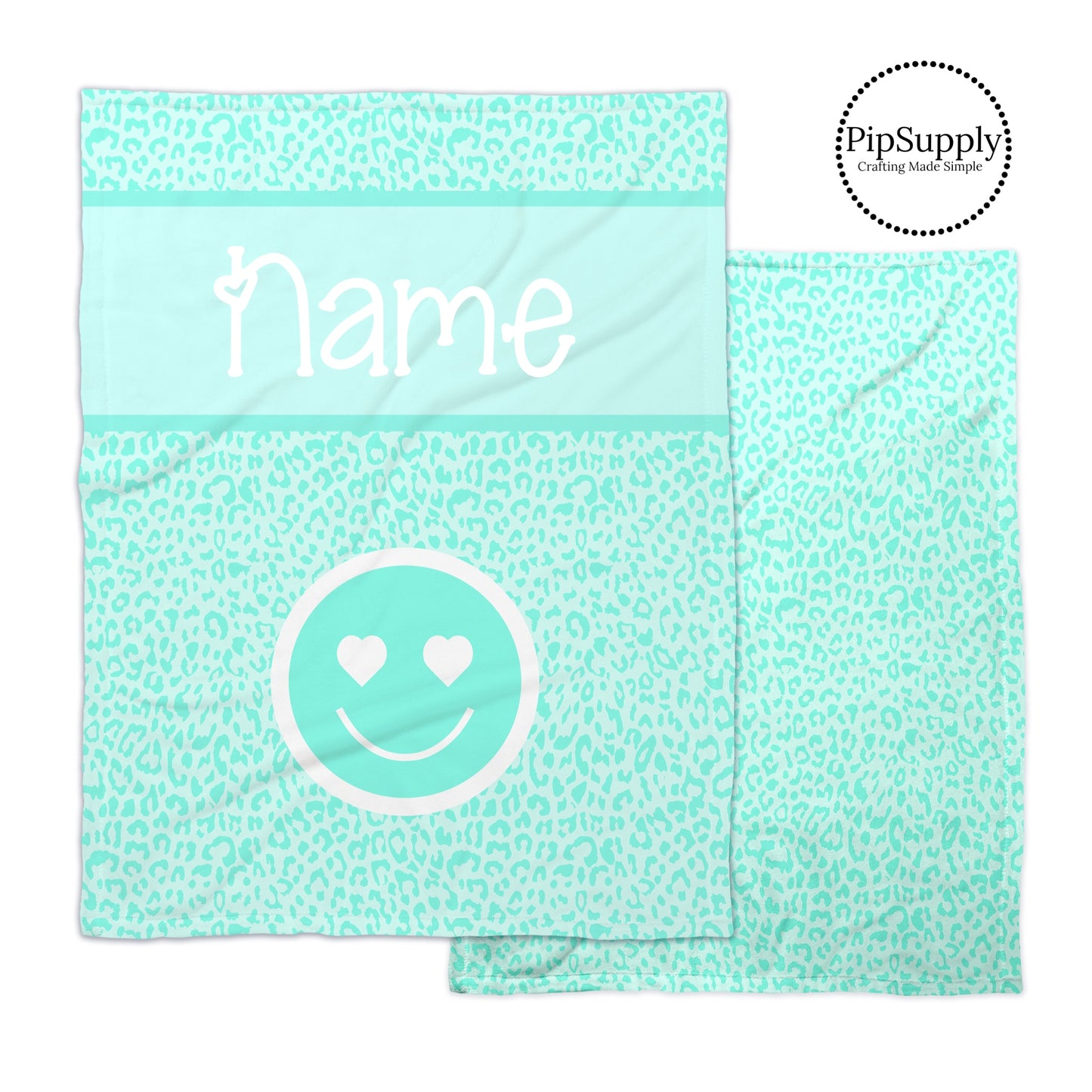 Light aqua and aqua blue leopard print soft minky blanket with customizable text and matching smiley face.