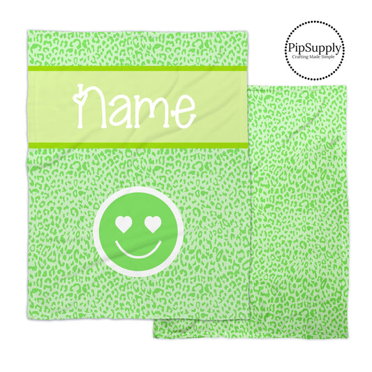 Lime green leopard print soft minky blanket with customizable text and matching smiley face.