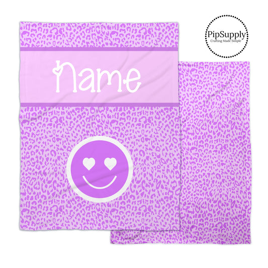 Lavender and purple leopard print patterned soft minky blanket with smiley face and customizable text.