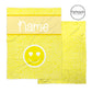 Bright yellow leopard print patterned soft minky blanket with smiley face and customizable text.