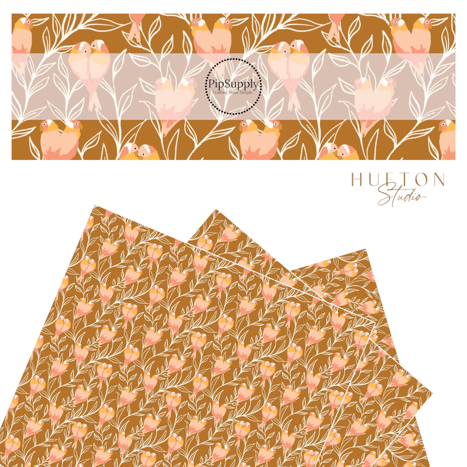 orange and pink lovebirds and leaves on brown faux leather sheet