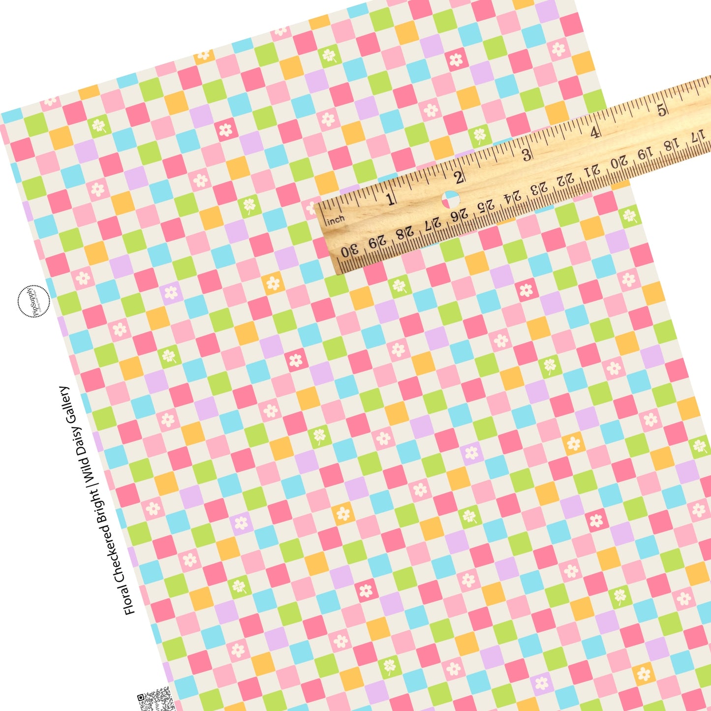 Blue, orange, pink, and green checker with different flowers and clovers and light grey tiles faux leather sheet
