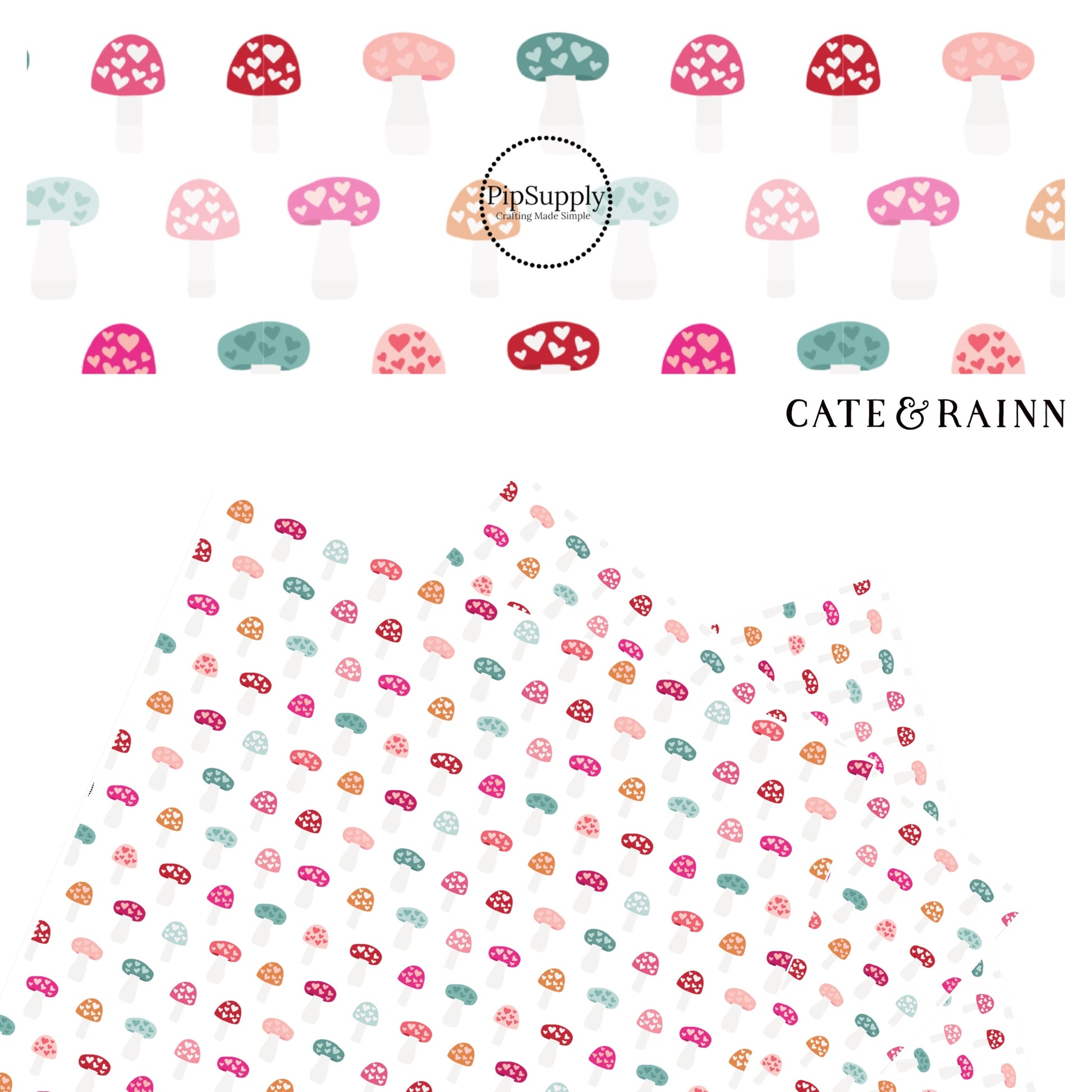 Hot pink, teal, orange, and pink mushrooms with hearts on white faux leather sheets