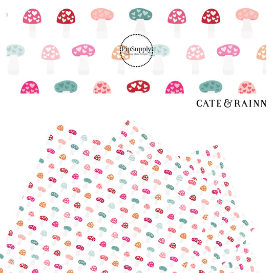 Hot pink, teal, orange, and pink mushrooms with hearts on white faux leather sheets