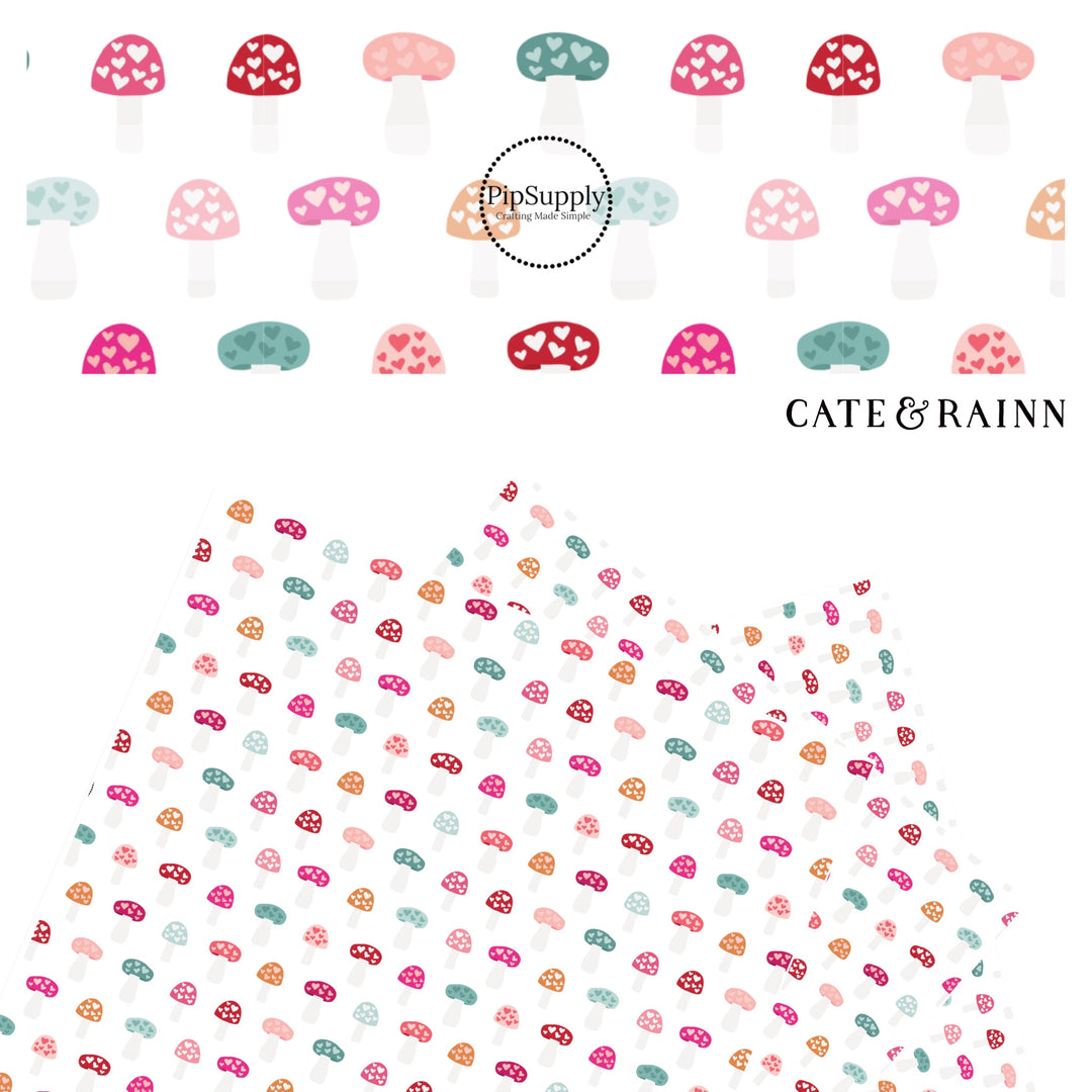 Hot pink, teal, orange, and pink mushrooms with hearts on white faux leather sheets