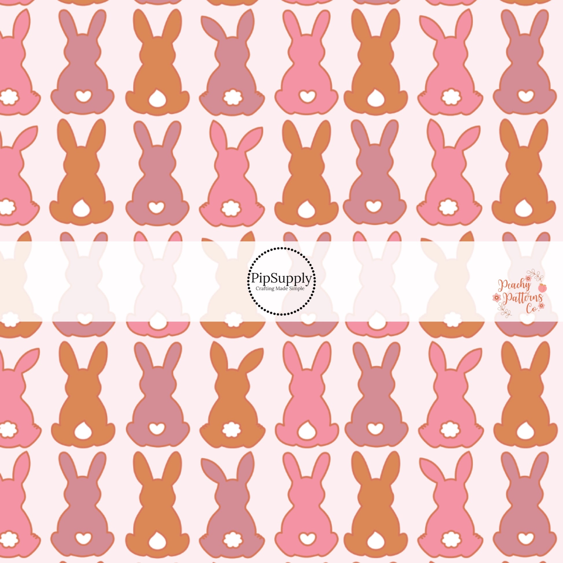 Orange, pink, and purple sitting rabbits with white multi shaped tails on pink bow strips