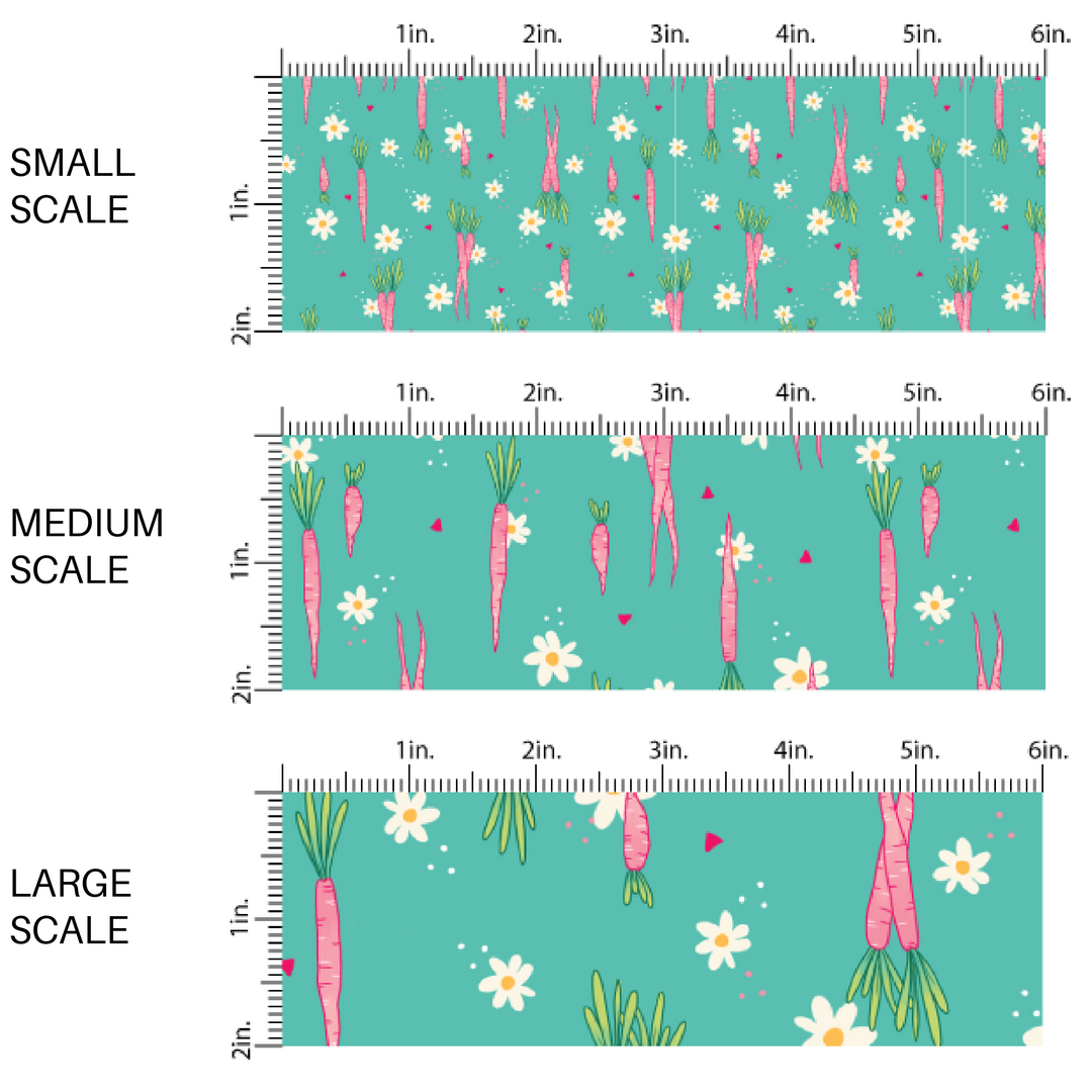 Aqua fabric by the yard scaled image guide with pink carrots and white daisies