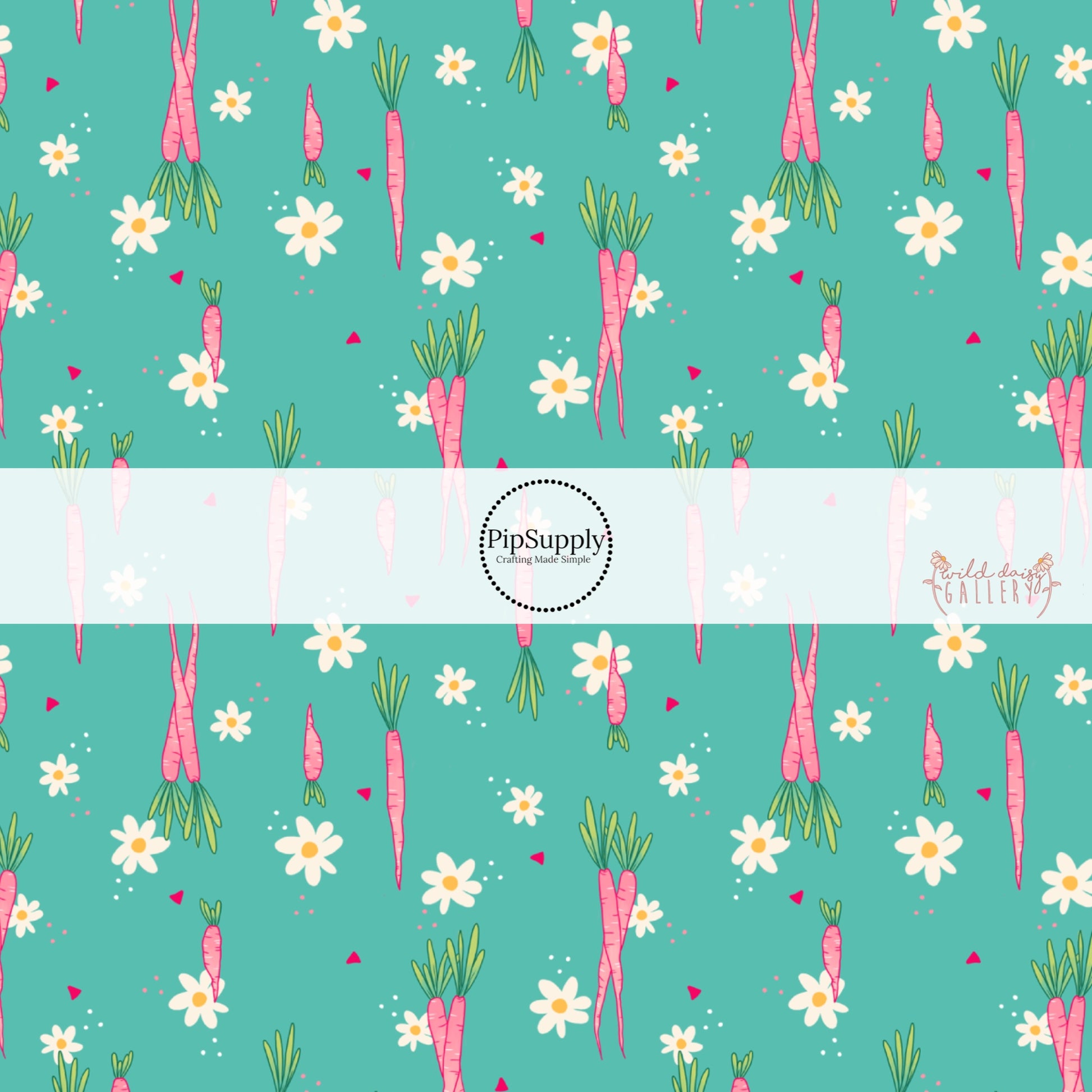 Aqua fabric by the yard with pink carrots and white daisies