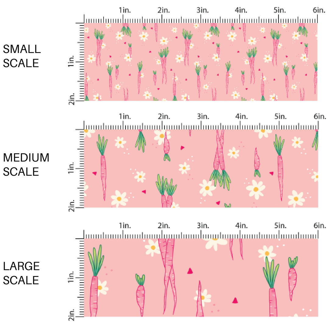 Pink fabric by the yard scaled image guide with pink scattered carrots and white flowers