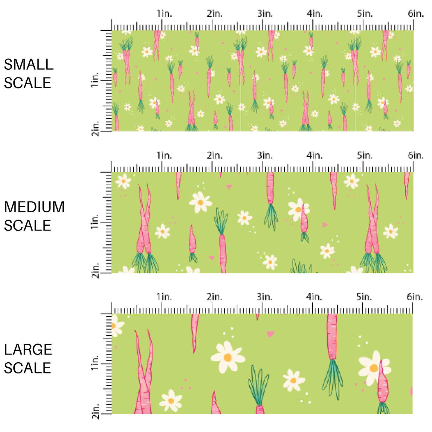lime green fabric by the yard scaled image guide with scattered white daisies and pink carrots