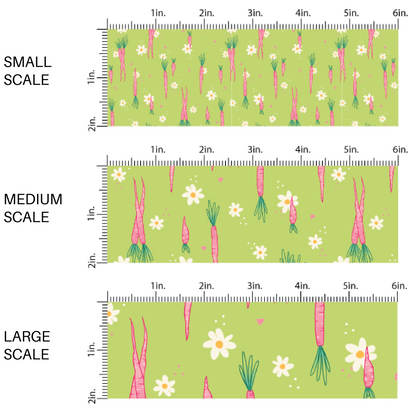 lime green fabric by the yard scaled image guide with scattered white daisies and pink carrots