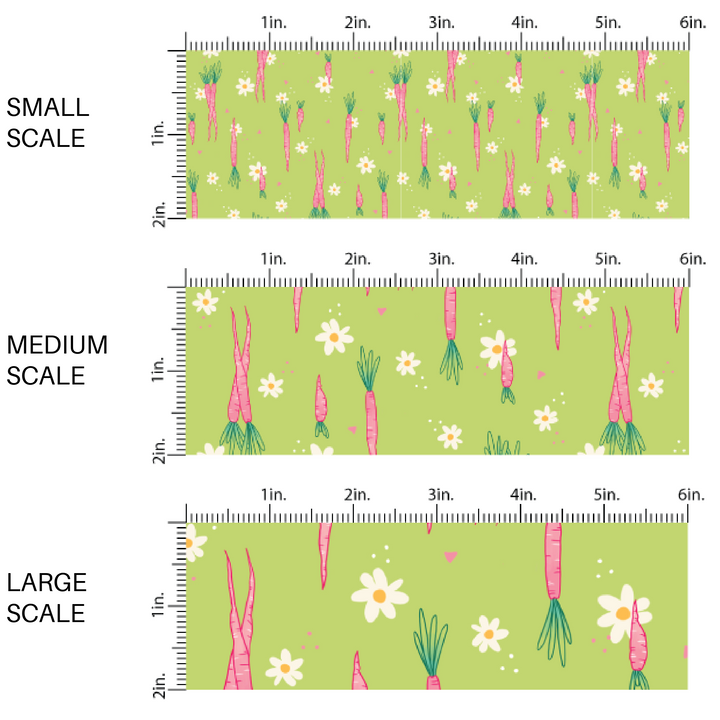 lime green fabric by the yard scaled image guide with scattered white daisies and pink carrots