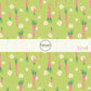 lime green fabric by the yard with scattered white daisies and pink carrots