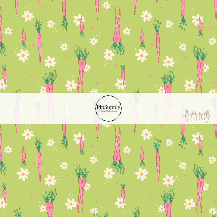 lime green fabric by the yard with scattered white daisies and pink carrots