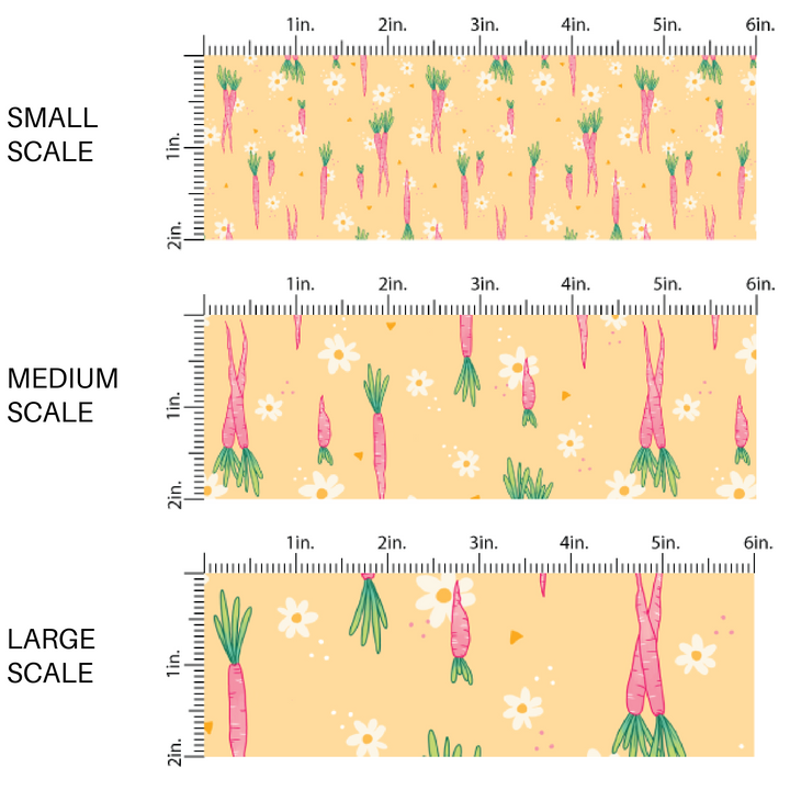 Pale yellow fabric by the yard scaled image guide with pink carrots and white daisies