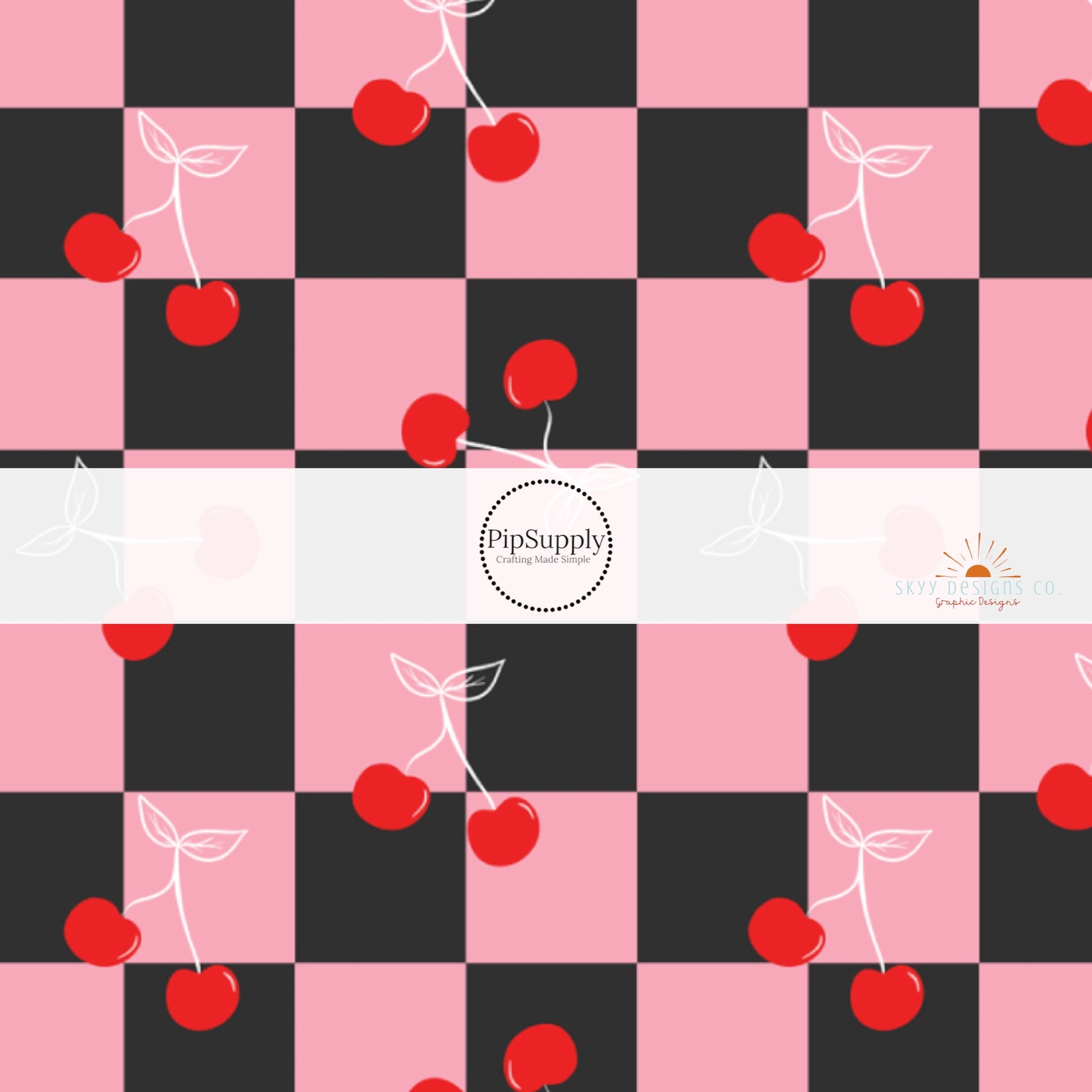 Red cherries with white stems on pink and black checker on bow strips