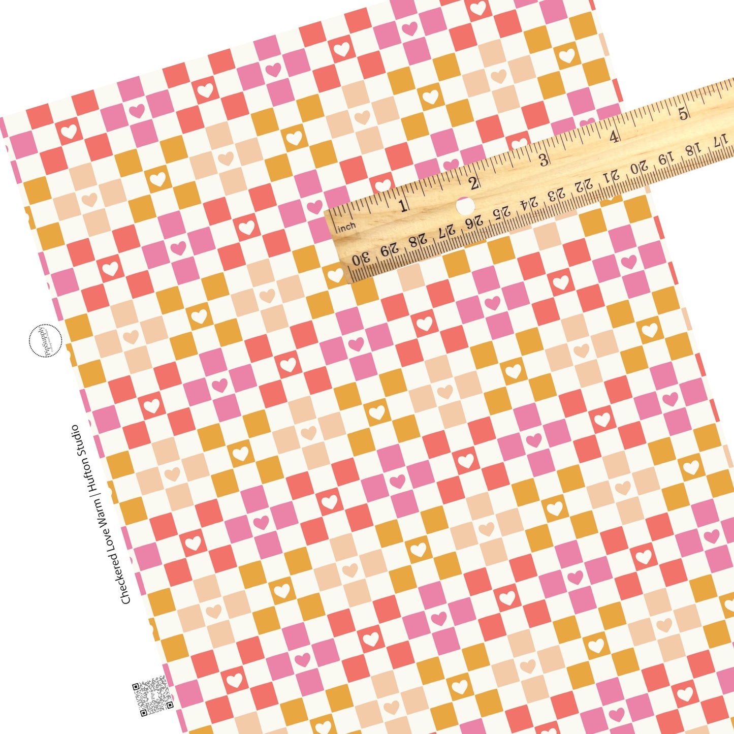 Bubble pink, red, orange hearts on a multi colored checker faux leather sheet