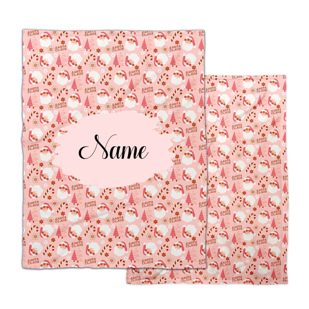 Personalized Custom Printed Pink Christmas Santa floral patterned blanket with customizable text. 