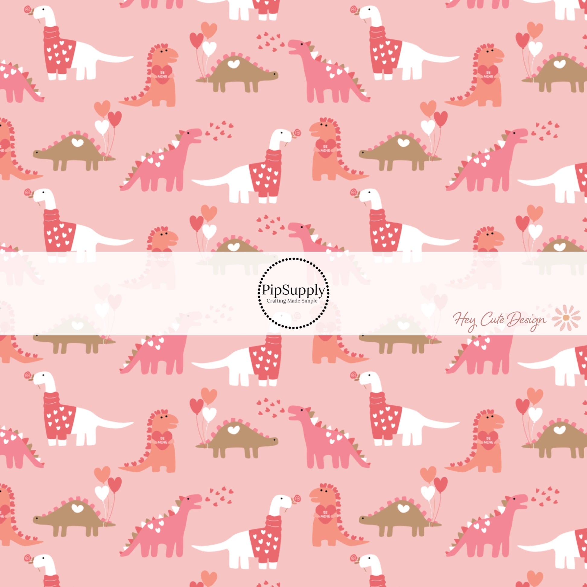 Pink fabric by the yard with cartoon dinosaurs and heart balloons - Valentine's Day Fabric 