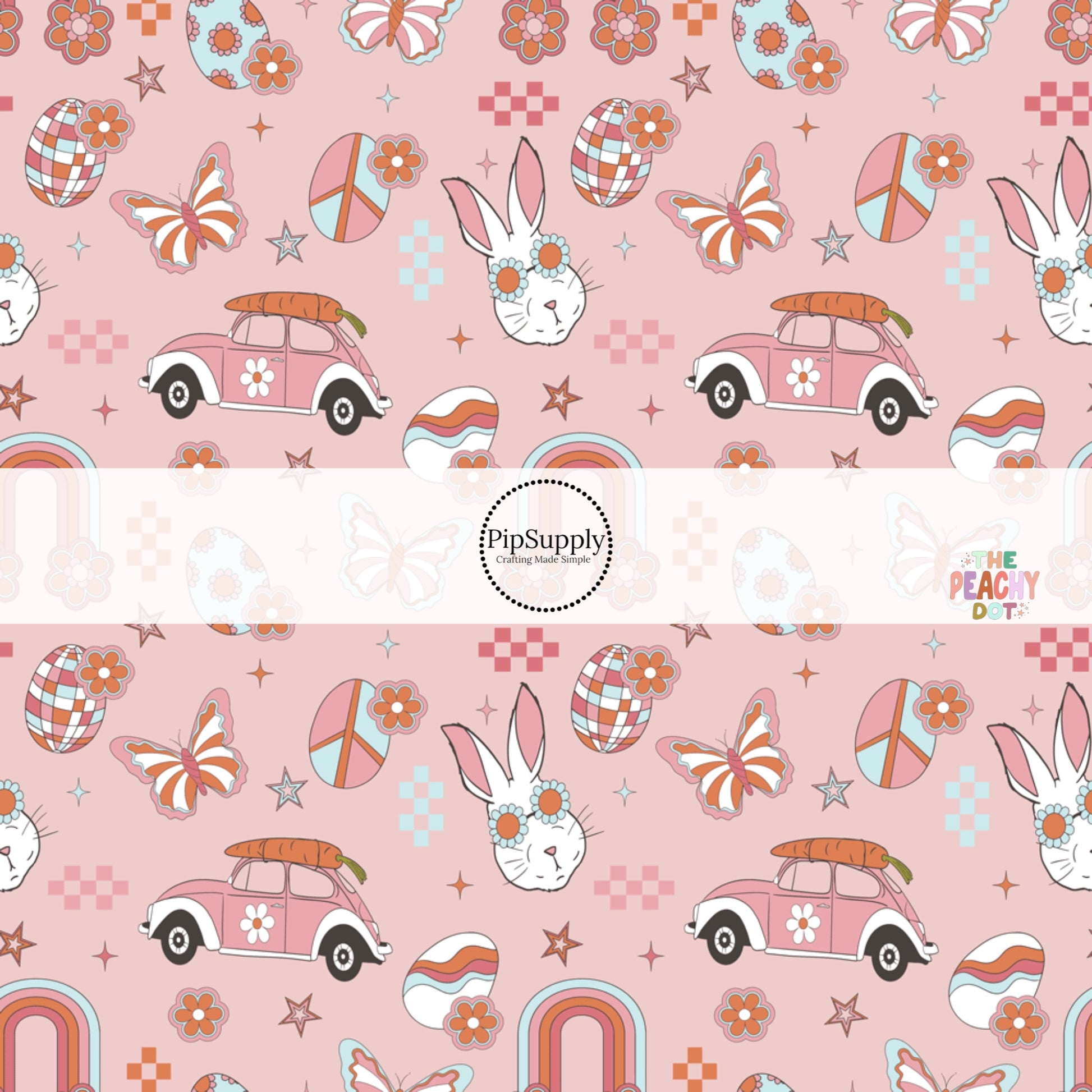 Easter bunnies, cars, Easter eggs, and butterflies on pink fabric by the yard