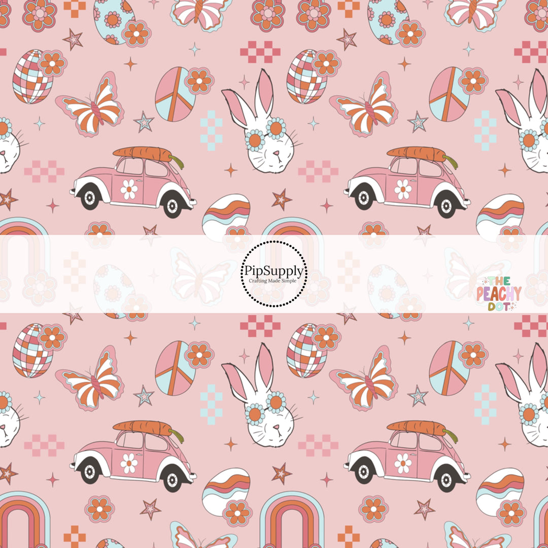 Easter bunnies, cars, Easter eggs, and butterflies on pink fabric by the yard