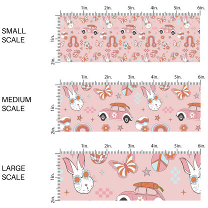 Easter bunnies, cars, Easter eggs, and butterflies on pink fabric by the yard scaled image guide