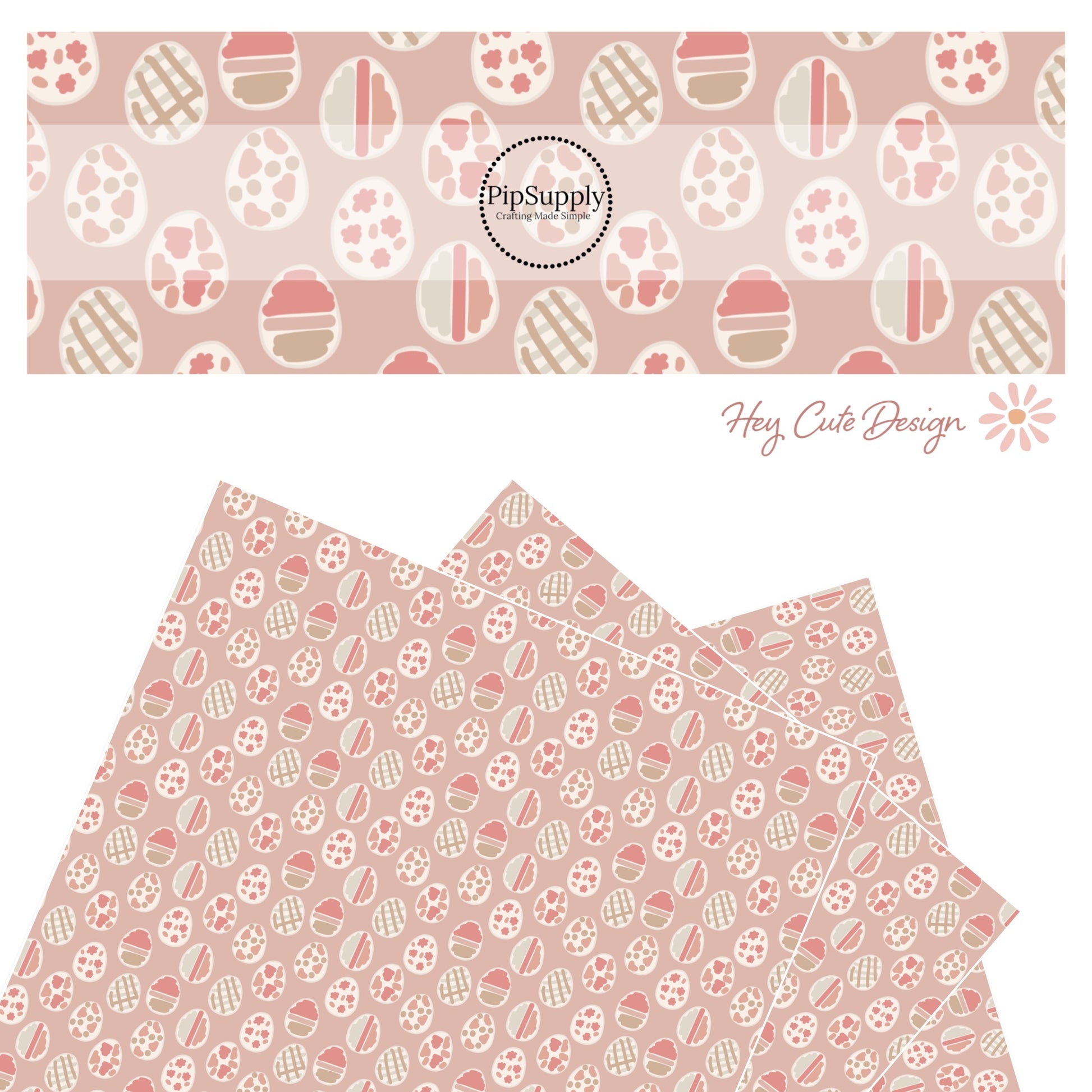 Blend of different patterned eggs on pink faux leather sheet.