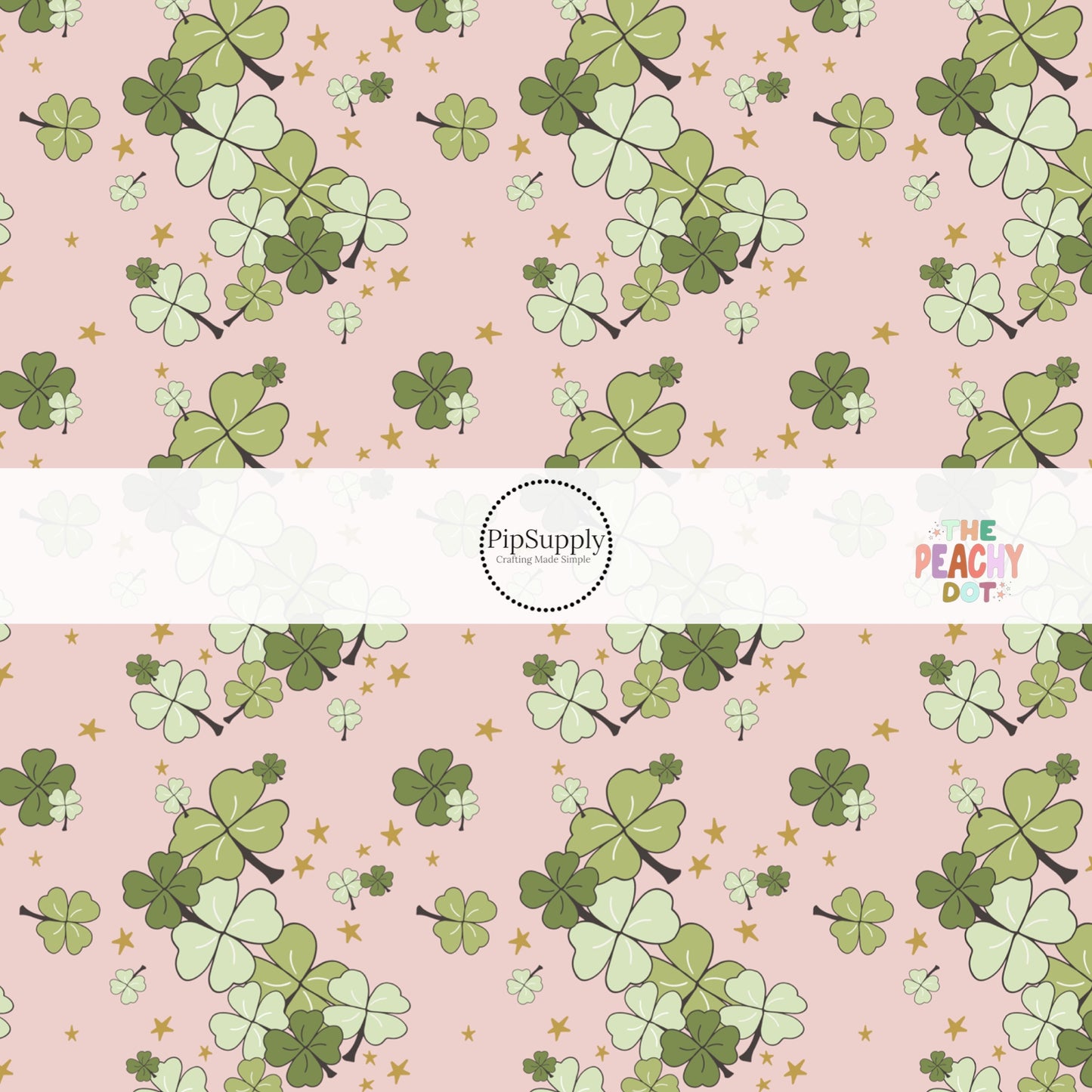 Light Pink Fabric By the Yard with green clovers and gold scattered stars