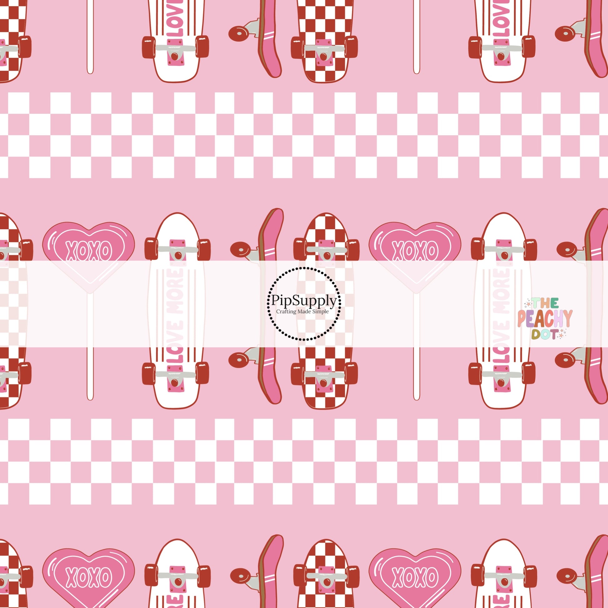 Pink fabric with pink heart lollipops with checkered skateboards