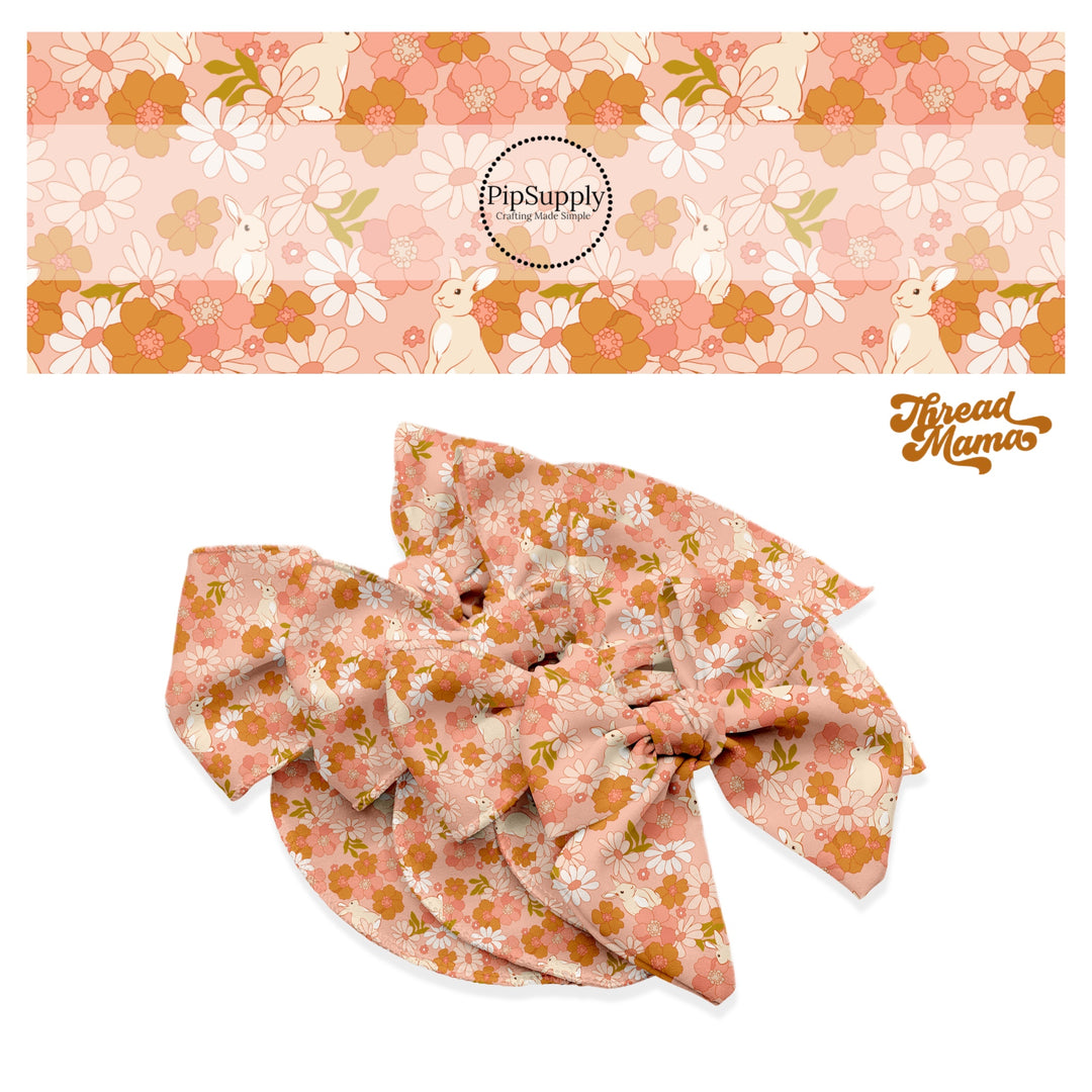 Rust and pink flowers with white bunnies on a pink bow strip