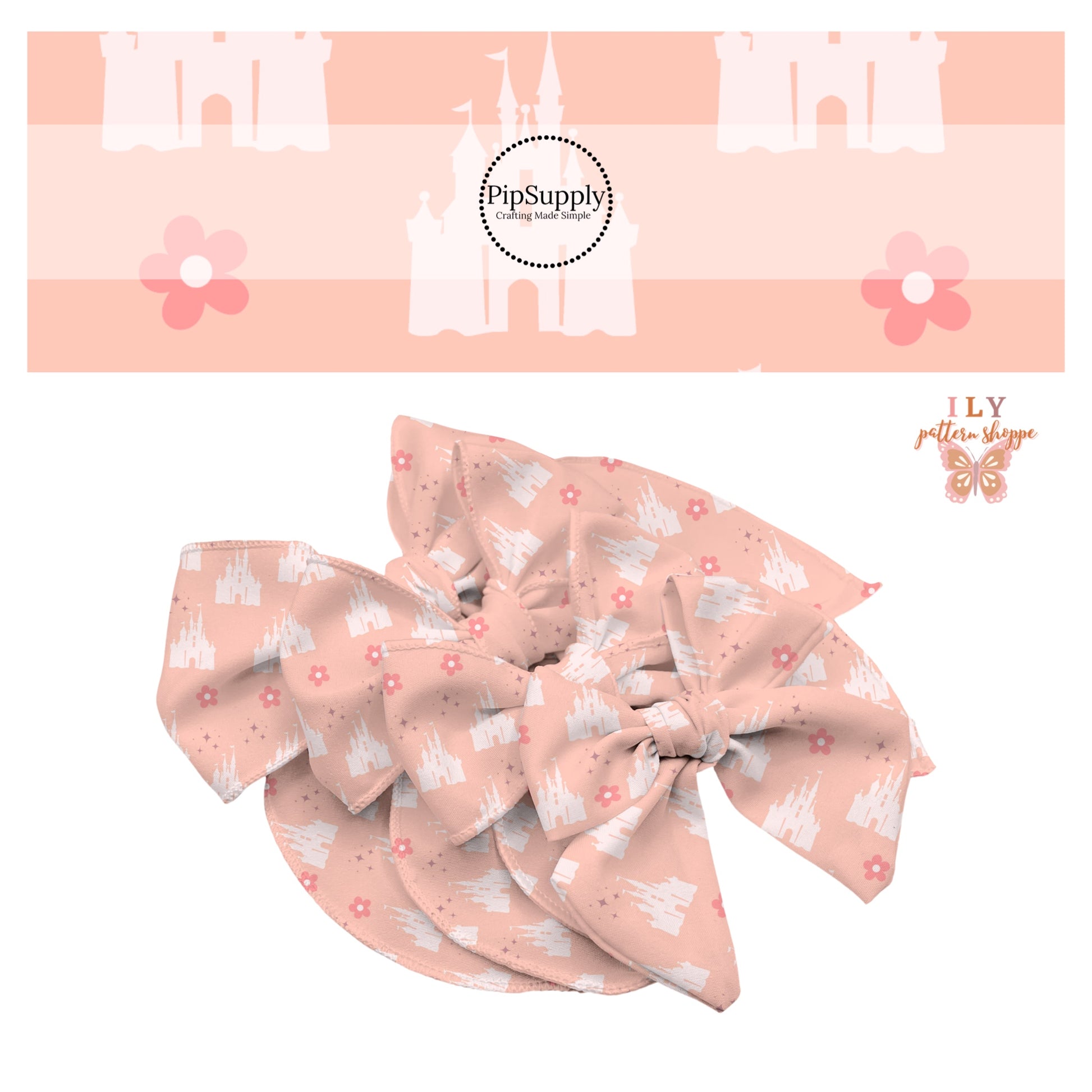 Light pink castle with hot pink flowers and pink dazzles on a pink bow strip