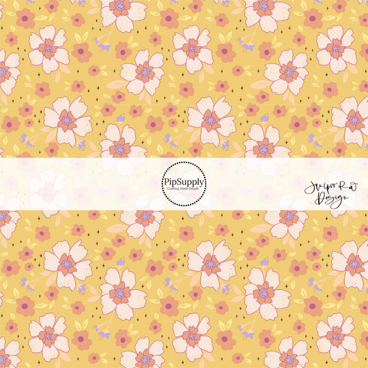 yellow fabric by the yard with white and pink flowers - Easter Spring Floral Fabric 