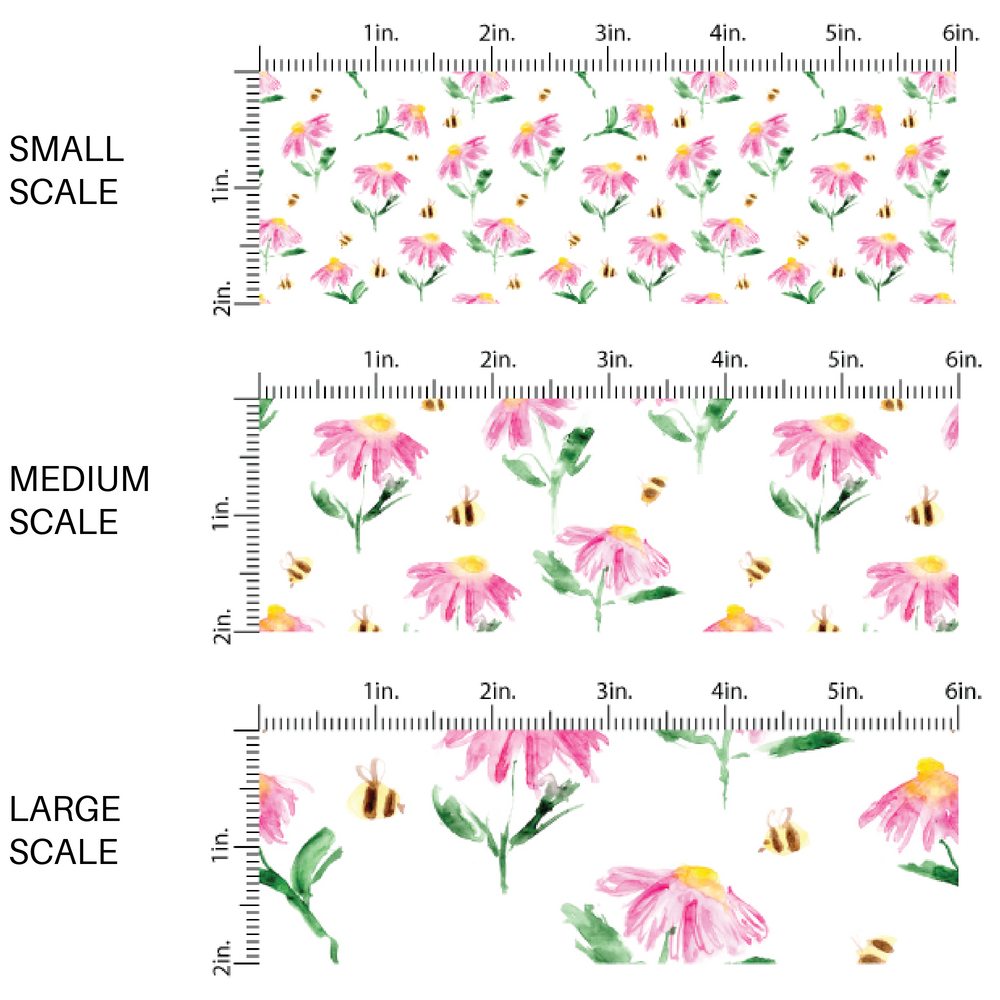 White fabric by the yard scaled image guide with pink flowers and yellow bumble bees - Easter Fabric  - Spring Fabric 