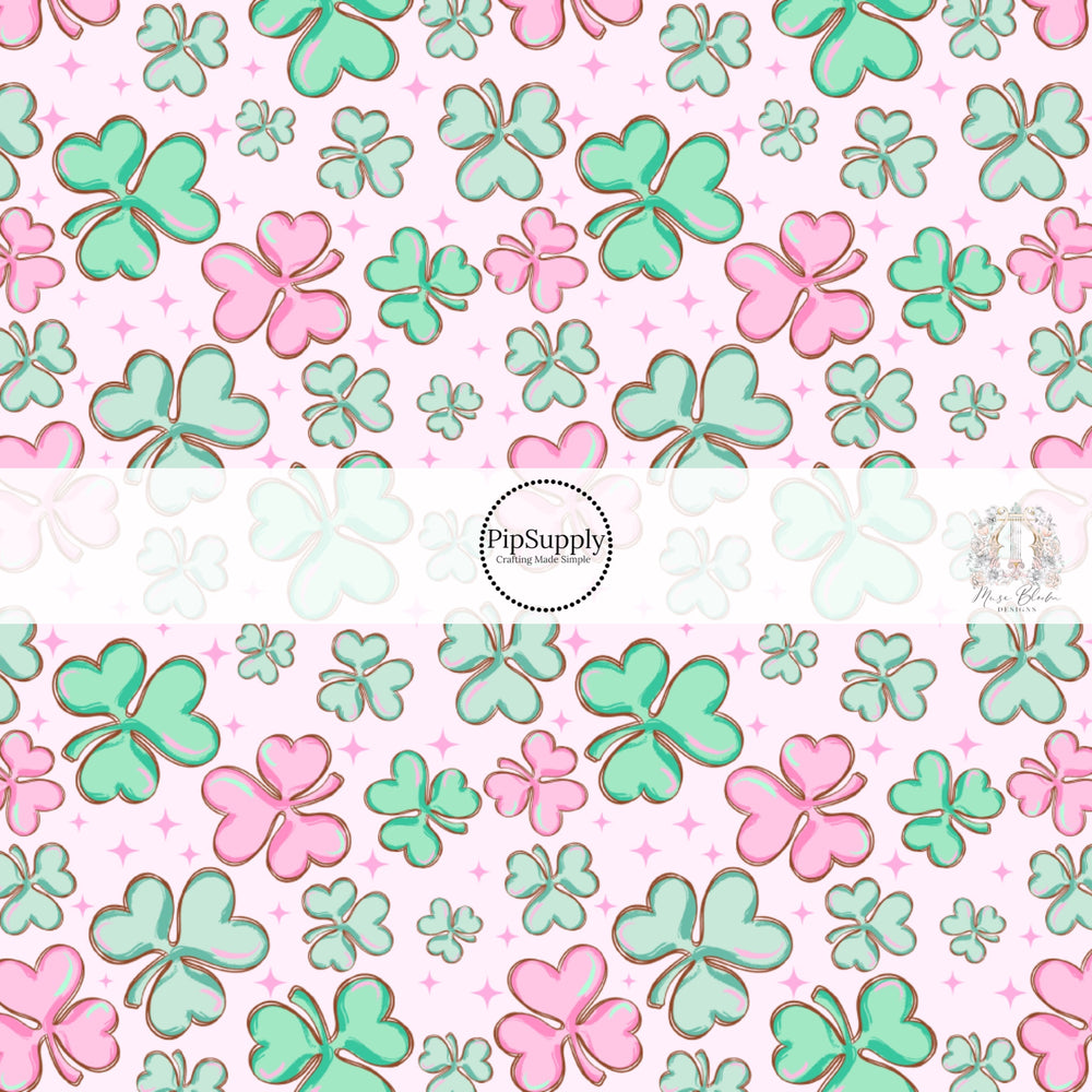 Scattered pink and green clovers with pink stars on pink bow strips