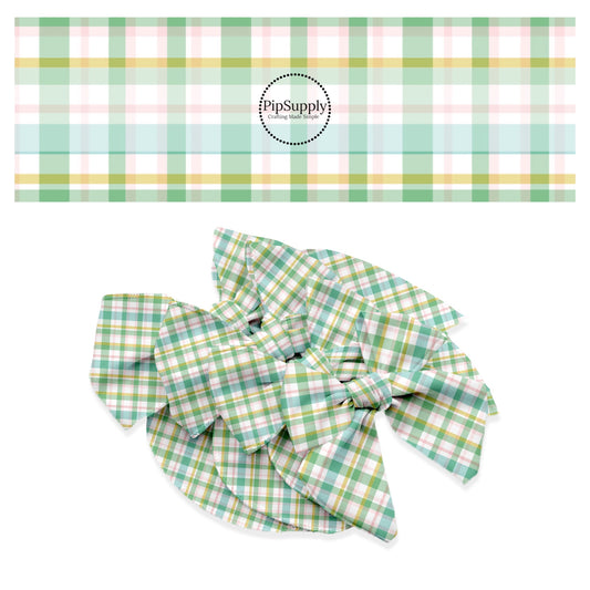 Pink, green, and blue plaid with yellow lines on white bow strips