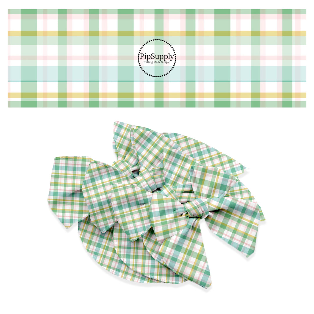 Pink, green, and blue plaid with yellow lines on white bow strips