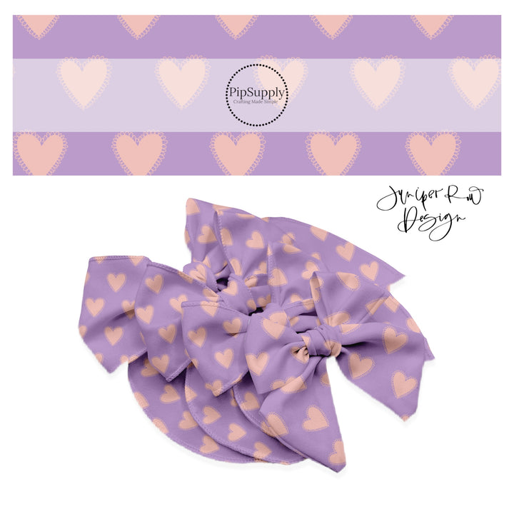 Pink hearts scalloped on purple bow strips